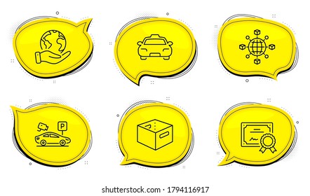 Logistics network sign. Diploma certificate, save planet chat bubbles. Parking security, Taxi and Office box line icons set. Video camera, Passengers transport, Delivery box. Vector