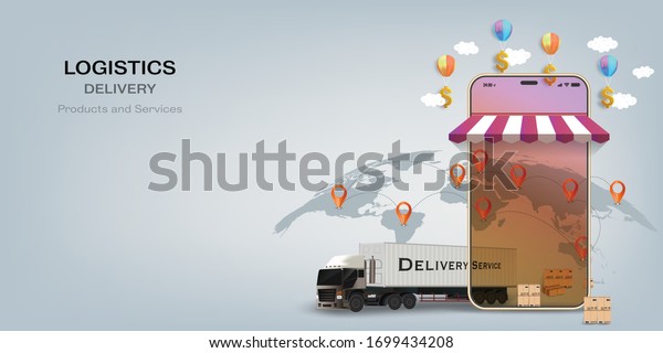 Logistics Online delivery concept, online\
order tracking,Delivery home and office. City logistics. Warehouse,\
truck, forklift, courier. vector\
illustration.