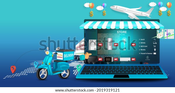 Logistics\
Online delivery service on laptop application, online order\
tracking,Delivery home and office. City logistics. Warehouse,\
truck, forklift, courier. vector\
illustration.