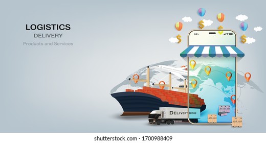 Logistics Online delivery service, online order tracking,Delivery home and office. City logistics. Warehouse, truck, forklift, courier on mobile. vector illustration.