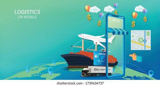 Logistics Online delivery service, online order tracking,Delivery home and office. City logistics. Warehouse, truck, forklift, courier. vector illustration.