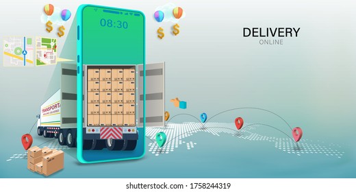 Logistics Online delivery service, online order tracking,Delivery home and office. City logistics. Warehouse, truck, forklift, courier. vector illustration.