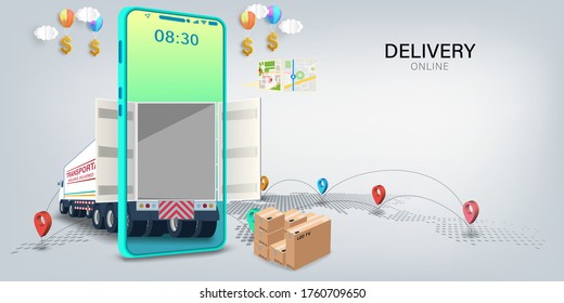 Logistics Online delivery service, online order tracking,Delivery home and office. City logistics. Warehouse, truck, forklift, courier. vector illustration.