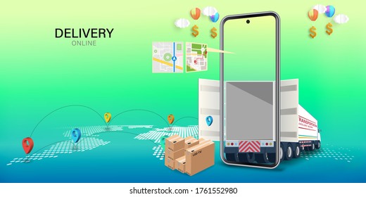 Logistics Online delivery service, online order tracking,Delivery home and office. City logistics. Warehouse, truck, forklift, courier. vector illustration.