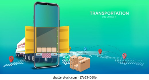 Logistics Online delivery service, online order tracking,Delivery home and office. City logistics. Warehouse, truck, forklift, courier. vector illustration.