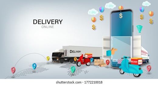 Logistics Online delivery service, online order tracking,Delivery home and office. City logistics. Warehouse, truck, forklift, courier. vector illustration.