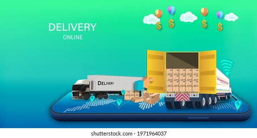 Logistics Online delivery service, online order tracking,Delivery home and office. City logistics. Warehouse, truck, forklift, courier. vector illustration.