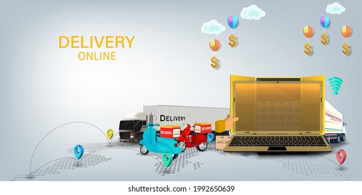 Logistics Online delivery service, online order tracking,Delivery home and office. City logistics. Warehouse, truck, forklift, courier. vector illustration.