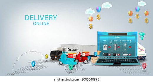 Logistics Online delivery service, online order tracking,Delivery home and office. City logistics. Warehouse, truck, forklift, courier. vector illustration.