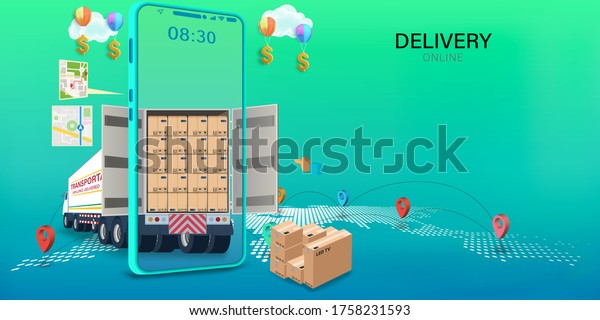 Logistics Online delivery service, online
order tracking,Delivery home and office. City logistics. Warehouse,
truck, forklift, courier. vector
illustration.