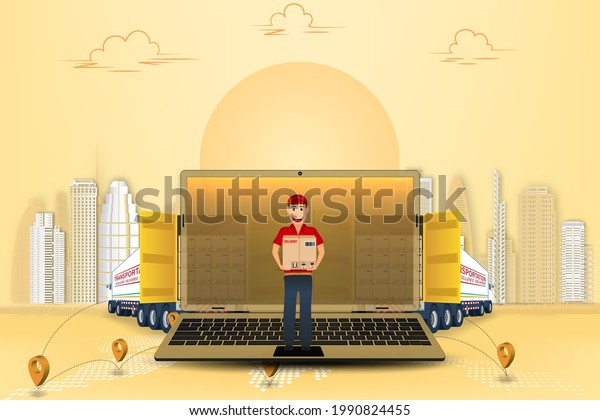 Logistics Online delivery service, online\
order tracking,Delivery home and office. City logistics. Warehouse,\
truck, forklift, courier. vector\
illustration.
