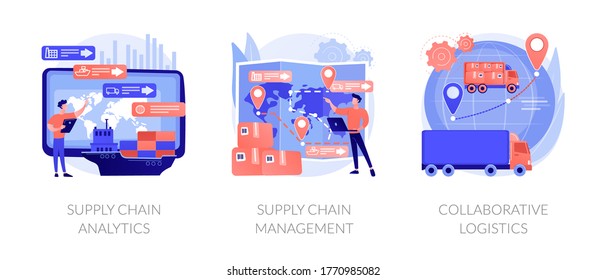 Logistics operations control, delivery service administration. Supply chain analytics, supply chain management, collaborative logistics metaphors. Vector isolated concept metaphor illustrations.
