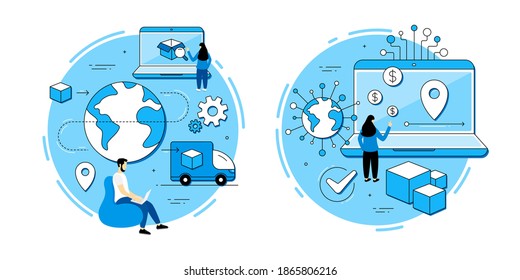 Logistics operations, Supply delivery service vector icons set. Online export control, business transportation, goods transfer. Online shipping, supply transit, delivery box location. Metaphor icons.