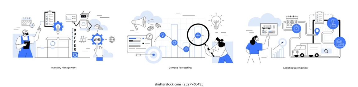 Optimización logística, gestión de inventarios, previsión de la demanda. Análisis de datos, gestión logística. Ideal para coordinación logística, análisis de datos, optimización de procesos, estrategia de negocio. Dibujos animados