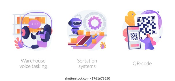 Logistics order processing abstract concept vector illustration set. Warehouse voice tasking, sortation system, QR code, automated paperless operation, conveyor, automated inventory abstract metaphor.