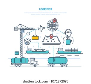 Logistics. Organization delivery, services for transporting cargo, selecting transport, optimizing transportation route. Delivery by train, ship, air flight, truck. Illustration thin line design.