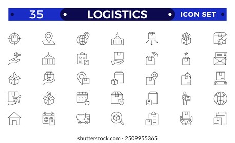 Logistics outline icon. Delivery service outline icon set. Containing order tracking, delivery home, warehouse, truck, scooter, courier Sea Air, Date, Return Search Parcel,  and cargo icons.

