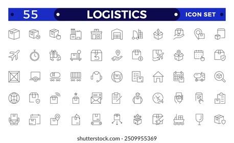 Logistics outline icon. Delivery service outline icon set. Containing order tracking, delivery home, warehouse, truck, scooter, courier Sea Air, Date, Return Search Parcel,  and cargo icons.
