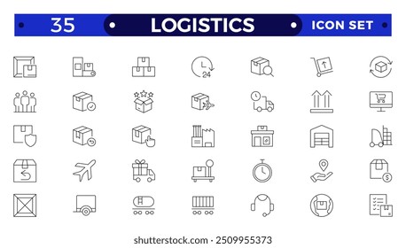 Logistics outline icon. Delivery service outline icon set. Containing order tracking, delivery home, warehouse, truck, scooter, courier Sea Air, Date, Return Search Parcel,  and cargo icons.
