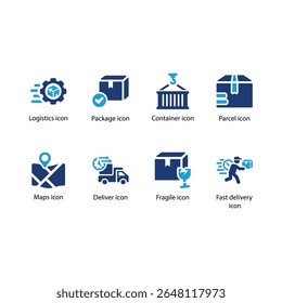 Logística, paquete, contenedor, contenedor, mapas, entregar, frágil, icono de entrega rápida