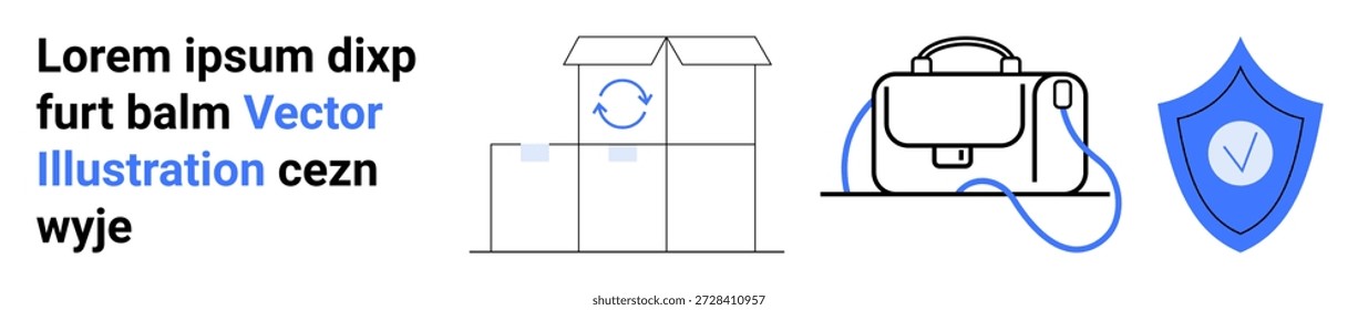 Logística, embalaje, comercio electrónico, viajes, seguridad, seguros. Cajas con flechas, bolsa de viaje escudo de seguridad con una marca de verificación. Conceptos de logística y embalaje para transporte y protección