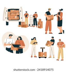 Logística con el trabajo de personajes de personas en almacén y conjunto de vectores de servicio logístico