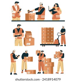 Logistics with People Character Work in Warehouse and Logistic Service Vector Set