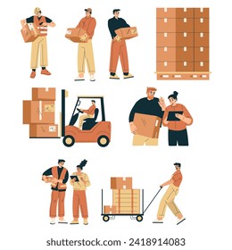 Logistics with People Character Work in Warehouse and Logistic Service Vector Set