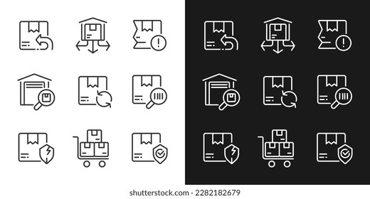 Logistics pixel perfect white linear icon for dark themes set for dark, light mode. Parcels management. Delivery. Thin line symbols for night, day theme. Isolated illustrations. Editable stroke