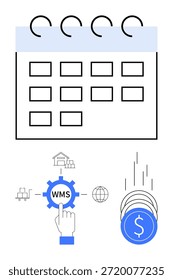 Planificación logística, eficiencia de almacenes, seguimiento de inventario, gestión financiera, comercio electrónico, automatización de procesos. Calendario, envío del icono de engranaje WMS y símbolos monetarios. Planificación logística