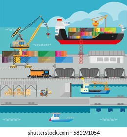 Logistik in Port-Infografik-Vorlage. Flache Darstellung des Prozesses und der Verwaltung des Seehafenseeverkehrs durch Schiffsfracht