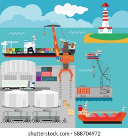 Logistics in port infographics template. Flat illustration of seaport marine shipment process and management by ship cargo
