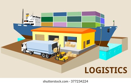 logistics port, ship, freight, warehouse, terminal, loading, unloading, truck, container ocean, sea, delivery truck lorry