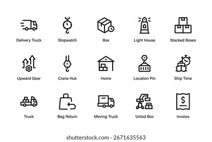 Logistics Professional Line Icon Collection - Einzigartige Vektor-Symbole für minimale Umrisse in der Transport-, Versand- und Zustellindustrie