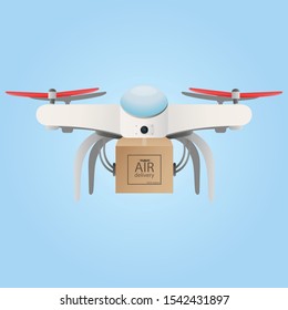 
Logistics and quadcopter delivery service. Drone icon with a box. Postal service creative design drone. Vector flat illustration.