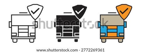 Logistics Quality Assurance icon. Vector graphics of a commercial truck paired with a verified shield icon, ideal for representing insurance, quality control, and safe shipping.
