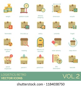 Logistics retro vector icons. Weight, platform scale, dimension, recycle, flammable, safety, umbrella, fragile, dangerous goods, tracking, order delivery, parcel inspection, sku description, barcode.