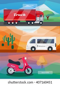 Logistics routes banners set. Business banners with truck, minivan and courier moped. Low polygon vector illustrations for logistics use.