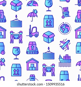 Logistics seamless pattern with thin line icons: forklift loader, conveyor belt, container, storage, cardboard box, return, cargo delivery, mover, worldwide shipping. Vector illustration.
