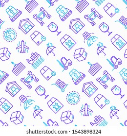 Logistics seamless pattern with thin line icons: forklift loader, conveyor belt, container, storage, cardboard box, return, cargo delivery, mover, keep dry, fragile, this side up. Vector illustration.