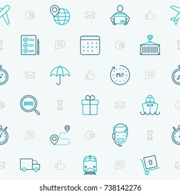 Logistics seamless pattern with thin line icons of delivery, box, airplane, train, marine, crane, globe with pointer. Vector illustration for banner, web page, print media.