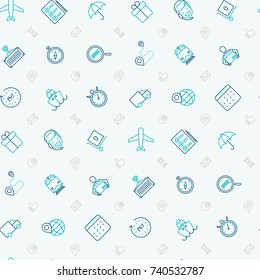 Logistics seamless pattern with thin line icons of delivery, box, airplane, train, marine, crane, globe with pointer. Vector illustration for banner, web page, print media.
