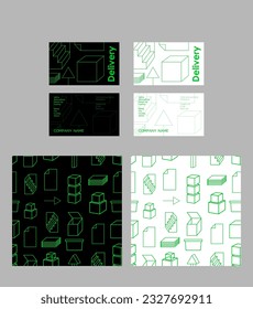 Logistics seamless pattern. Vector. Delivery. Containing shipping, transportation, delivery, box, stairs, arrows. Can be used in print, website, banner, design, flyer and visit card. Black, green