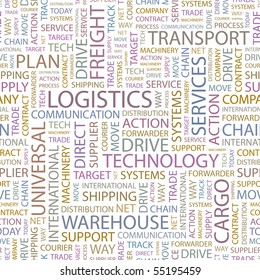 LOGISTICS. Seamless vector pattern with word cloud. Illustration with different association terms.