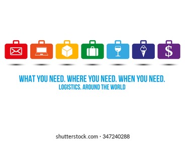 Logistics service design concept. Quick delivery of any type of cargo around the world to save clients time and money. Set of colored cases with different cargo types drawn on it.