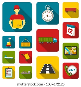 Logistics service flat icons in set collection for design. Logistics and equipment vector symbol stock web illustration.