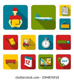 Logistics service flat icons in set collection for design. Logistics and equipment vector symbol stock web illustration.