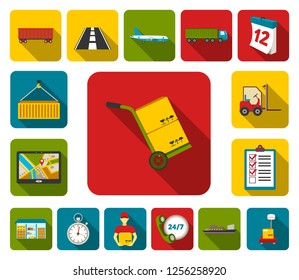 Logistics service flat icons in set collection for design. Logistics and equipment vector symbol stock web illustration.