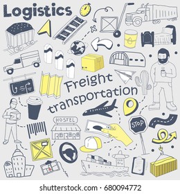 Logistics Service Hand Drawn Doodle. Delivery and Shipping Freehand Elements Set. Vector illustration