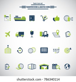  Logistics service icon set. Fast delivery and quality service transportation. Shipping vector icons for logistic company.